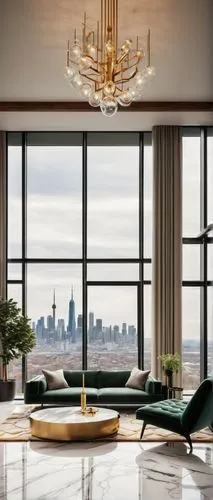 Luxury modern interior, living room, floor-to-ceiling windows, urban skyline view, marble flooring, sleek low-profile sofa, tufted ottoman, geometric-patterned rug, minimalist coffee table, ornate gol