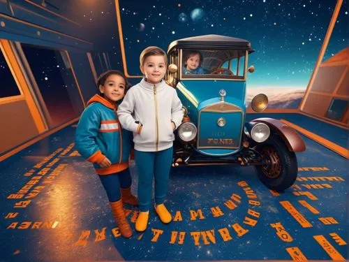 Дети и ретро автомобиль в космосе,two small children standing next to an old fashion car,wax figures museum,bookmobiles,film poster,kibitzers,joyriders,promotional