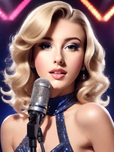 beautiful blonde 1980s chanteuse with geometric hairstyle and wild makeup, singing on stage behind a microphone stand, disco, neon background, navy satin dress, spotlights, gorgeous, lots of makeup, l