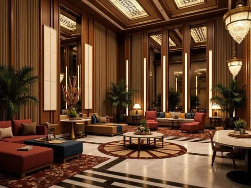 Luxurious Art Deco interior, opulent geometric patterns, metallic accents, glamorous chandeliers, ornate mirrors, lavish furnishings, rich textiles, bold color schemes, zigzag motifs, chevron designs,