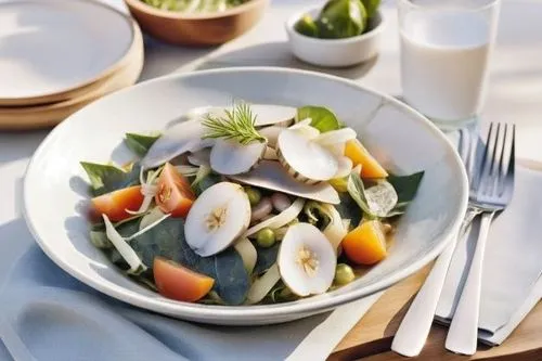 an image of a plate of food with broccoli and orange,mozzarella salad,sea salad,vegetable salad,egg dish,vegetable prawn salad,salad plate,stir-fried morning glory,cut salad,glass noodle salad,avocado
