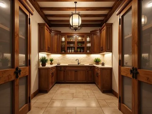 Cozy traditional pantry, warm wooden cabinetry, ornate metal hardware, rich wood tones, soft cream-colored walls, elegant crown molding, ambient warm lighting, pendant lanterns, rustic metal chandelie