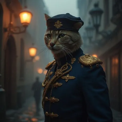 "Anthropomorphic feline character in royal naval uniform with ornate gold embroidery, misty evening in historic city street, amber street lamps, rainy atmosphere",a cat dressed as a military man,cat s