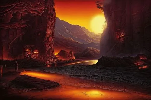 an image of a giant rock face at night,volcanic landscape,lava river,scorched earth,volcanic,valley of death,flaming mountains,volcanism,fire background,volcano,fire mountain,lake of fire,fire planet,