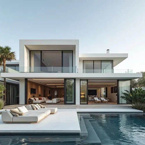 A modern, L-shaped villa with an expansive open-concept layout and panoramic floor-to-ceiling windows. The exterior is clad in white stucco with black metal accents, creating a crisp, minimalist aesth