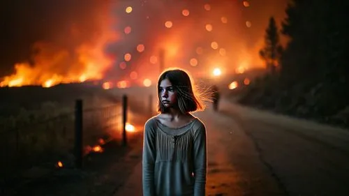 wildfires, embers, rain,a woman standing in front of a road at night,wildfire,photo manipulation,burned land,firestorms,forest fires,wildfires,bushfires,afterburning,photomanipulation,forest fire,girl