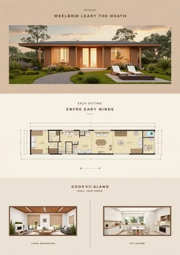 Design a professional architectural presentation board with a warm beige background and clean, modern layout. The board includes:

Top Section: At the top, a high-resolution, photorealistic render of 