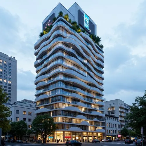 High-rise commercial building, futuristic facade system, sleek glass curtain walls, aluminum frames, LED lighting strips, neon signage, cantilevered floors, open rooftop gardens, modern skyscraper arc