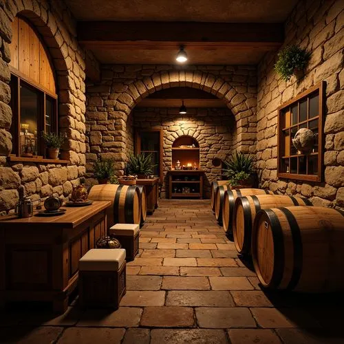 Rustic wine cellar, earthy tone, wooden crates, dim lighting, stone walls, natural rock formations, reclaimed wood flooring, distressed plank boards, rustic metal accents, vintage wine barrels, brick 