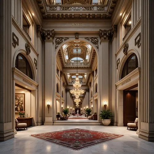Grandiose bank facade, symmetrical columns, ornate arches, intricately carved stonework, classical pediments, majestic entranceways, polished marble floors, elegant chandeliers, richly patterned rugs,