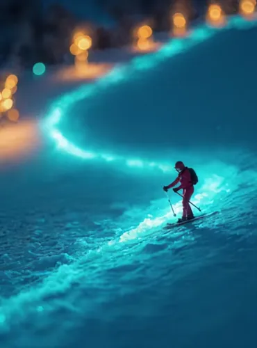 cable skiing,electroluminescent,drawing with light,glow in the dark paint,light trail,gnome skiing,light paint,light graffiti,light drawing,light art,polar lights,gnome ice skating,ski race,snowboarde