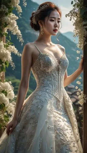 A beautiful  korea woman, ((italia weeding dress)), random face, full makrup, white skin, lisa,bridal dress,wedding dress,bridal clothing,wedding gown,wedding dresses,bridal,silver wedding,bride,weddi