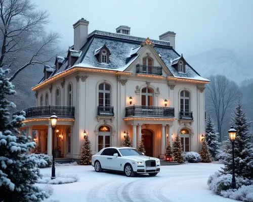 Snow-covered luxury mansion in a French neoclassical style, surrounded by a serene winter landscape. The mansion features a light cream facade with intricate columns, ornate moldings, and tall arched 