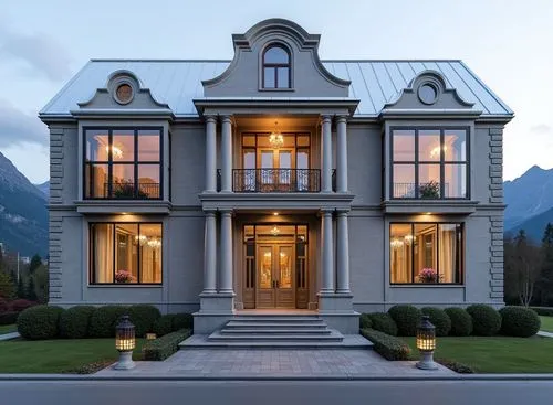 Photorealistic architectural visualization of a luxury 2-story square-shaped residental building. First floor height 5m with tall arched windows, second floor height 5m. Classical architectural style 