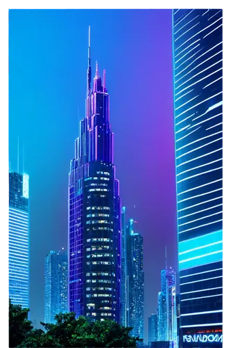 Galactic, futuristic, neon-lit cityscape, skyscrapers, holographic advertisements, vibrant purple-blue hues, misty atmosphere, 3D composition, cinematic lighting, low-angle shot, dramatic shadows, met