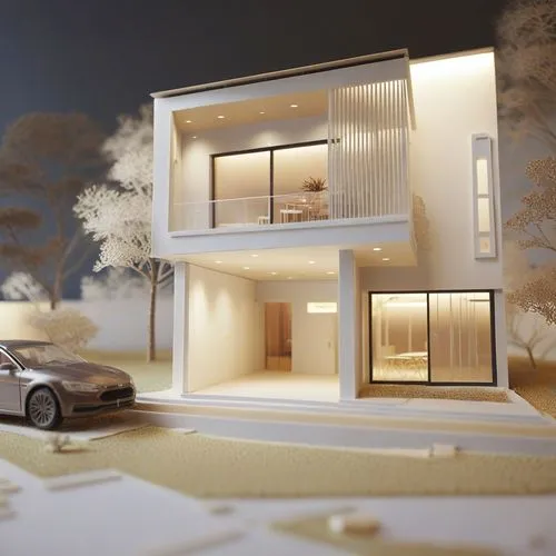 the model is of a car parked outside a house,3d rendering,model house,render,renders,3d render,3d rendered,dolls houses,modern house,renderings,cubic house,smart home,doll house,smart house,revit,mini