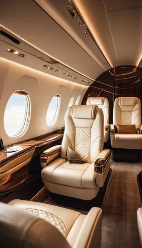 Luxurious aircraft interior, private jet, VIP cabin, elegant curved lines, cream-colored leather seats, gold accents, polished wood trim, soft ambient lighting, panoramic windows, breathtaking cloud v