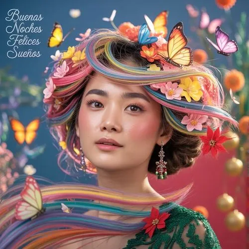 woman with flowers in her hair posing for a magazine cover,fairy peacock,beautiful bonnet,fashion vector,oriental princess,portrait background,flower fairy
