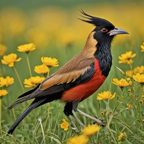 a red tengger with spiky brown hair and a golden beak protrudes through a field of tall grass, surrounded by tall yellow flowers and bright yellow grass. The air is filled with the sound of birds chir