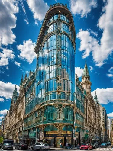 Grand, modern skyscraper, sleek glass facade, intricate metal framework, towering high-rise, bustling metropolitan cityscape, sunny day, clear blue sky, dramatic clouds, sharp angles, geometric lines,