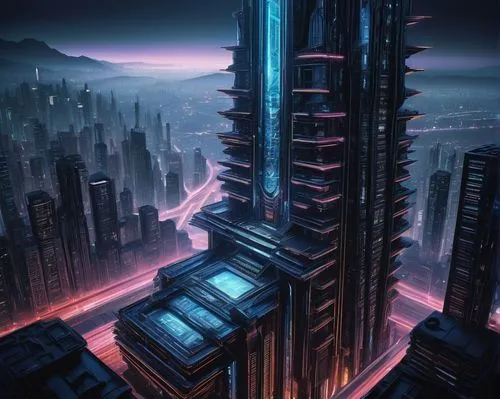 Axonometric view, futuristic architecture, sleek lines, neon lights, towering skyscraper, metropolitan cityscape, cyberpunk atmosphere, metallic materials, glass facade, intricate details, angular sha