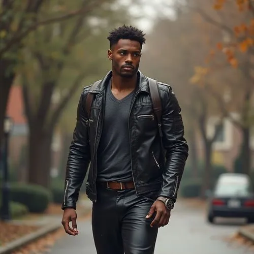 an insanely handsome muscular college professor who is an immortal werewolf, wearing leather jacket, tank top, and leather pants, on campus, wearing smartwatch, boots, backpack























