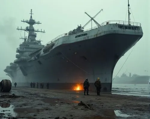 一艘正在充滿油汙,雜亂的軍港等待拆卸的航空母艦,馬頭有焊接工人在焊接,two men are walking towards a large aircraft carrier,shipbreaking,severomorsk,uss carl vinson,uss kitty hawk,training ship,drydock