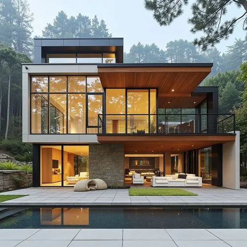 rich life style.
metal bronze and gold details.
black stone.
glass and light blue curtains.
forest around.,an open concept home with great natural windows,modern house,modern architecture,beautiful ho