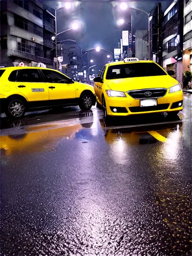 Yellow taxi, city street, reflection on wet asphalt, night scene, bright headlights, sharp license plate, detailed wheel hub, shiny body, rearview mirror, open door, driver's seat, realistic texture, 