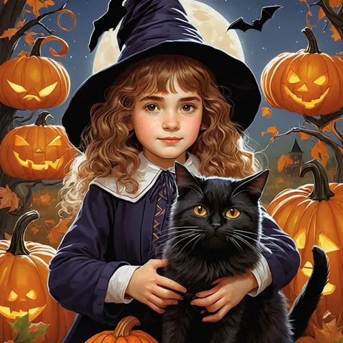 Cute girl looks like Hermione Granger, various emotions and movements, with a black cat, wearing wizard hat, pumpkin in the background, Halloween,halloween poster,halloween black cat,halloween cat,hal
