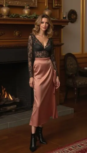A chic dinner outfit with a lace top, satin midi skirt, and pointed-toe boots. She’s waiting by a grand fireplace in a historic hotel, radiating a sophisticated evening elegance.





















