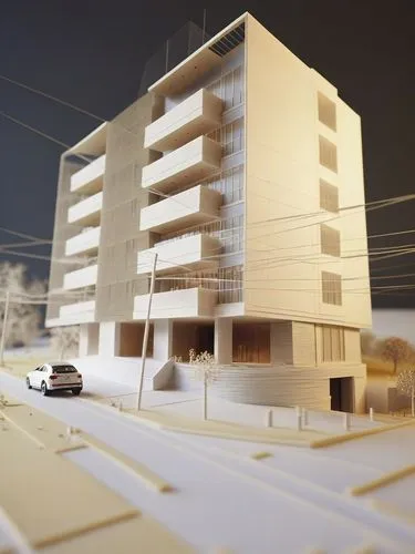 model car is next to white building in front of it,prefabrication,prefab,prefabricated,new housing development,renders,redevelop