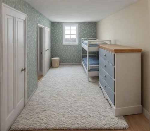 furry rug on floor, stuffed animal near bed,boy's room picture,baby room,children's bedroom,laundry room,the little girl's room,room newborn,room divider,kids room,infant bed,laminate flooring,danish 
