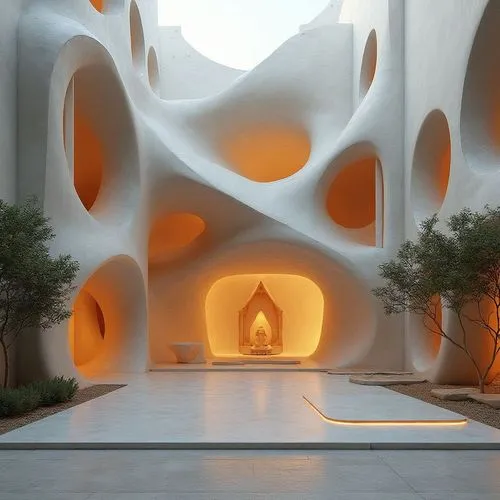 A sculptural digital model of an urban meditation center inspired by the folds of fabric, with flowing concrete drapes and soft glowing interiors, placed within a quiet Indian courtyard.",this is an a