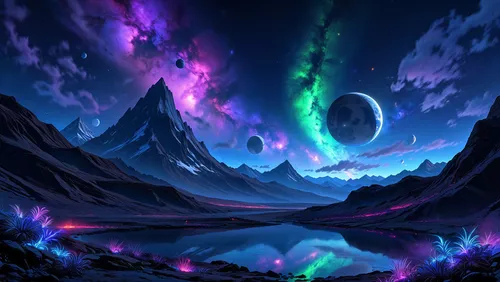 an animated painting of a colorful sky with mountains and planets,auroras,fantasy landscape,auroral,vast,rift,alien world,aurora colors,beautiful wallpaper,fantasy picture,northern lights,futuristic l