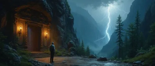 Men standing inside a great, fancy hall dimly lit, admiring the storm outside: A lighting crosses the night sky to meet with the top of a mountains, heave rain, wild view of cliffs and tall green tree