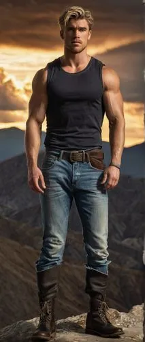 Muscular man, Kyle Hemsworth, 30yo, strong facial features, short blonde hair, blue eyes, no glasses, rugged skin tone, sleeveless shirt, ripped jeans, black boots, confident posture, standing, mounta