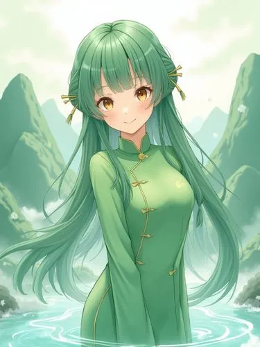 A girl with a green cheongsam on her upper body with long, straight green hair,looks like a lot of hair, different poses surrounded by water and clouds in a Chinese-style illustration. parafacialia.Th