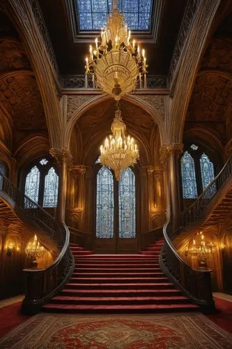 Grandiose king's palace, medieval style, Gothic architecture, intricate stone carvings, majestic spires, grand halls, ornate chandeliers, regal throne, luxurious carpets, golden decorations, stained g
