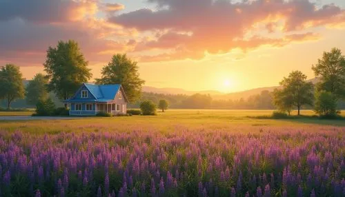 Farm land scenery filled with purple wild flowers, green trees and beautiful orange sky and bungalow with blue roof,a lavender meadow with flowers in front of a cottage,lavender field,lavender fields,