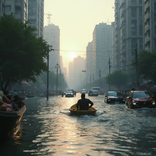 Extreme level view of flood in a city, vehicles are floating in the water, peoples walking through the water and passing through water using small boats, dirty water, hard situation,a person is in a b