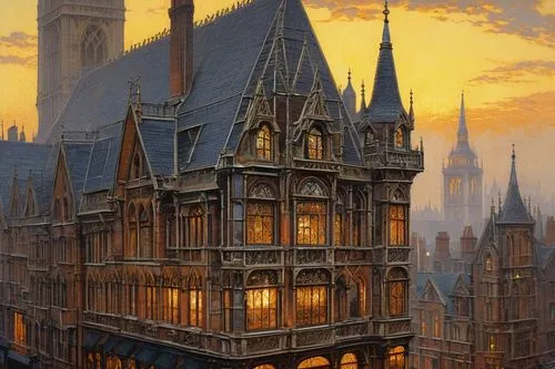 Grand, ornate high Victorian architecture, majestic building facade, intricate stone carvings, Gothic arches, pointed towers, stained glass windows, ornamental ironwork, detailed brick patterns, ivy-c