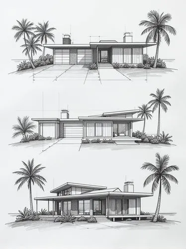 architectural sketches of a contemporary beach house in the Caribbean with coconut trees around. Several different views of the house are shown on a white sheet of paper with black marker sketch techn