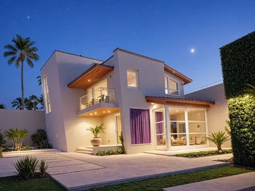 A photo-realistic rendering of a modern two-story house at night, showcasing a contemporary design with a blend of contemporary and contemporary elements. the house is located in a suburban area, with
