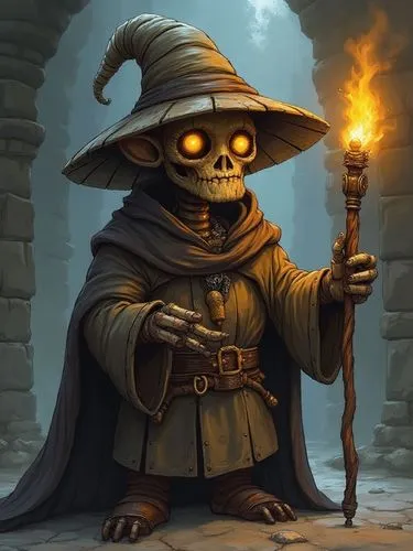 A cartoon drawing of an old warforged wizard. He is made of wood and metal with no skin, hair, eyes, or mouth. His hat covers most of the top half of his face and two eyes, which has a yellow gems in 
