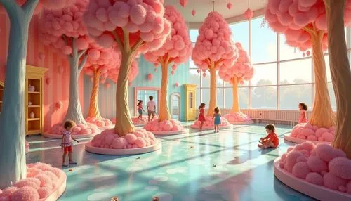 A vibrant ice cream factory with expansive, open areas and large, brightly colored walls. ice cream-shaped treesThe ceiling is decorated with ice cream horns,many trees, and large windows allow natura
