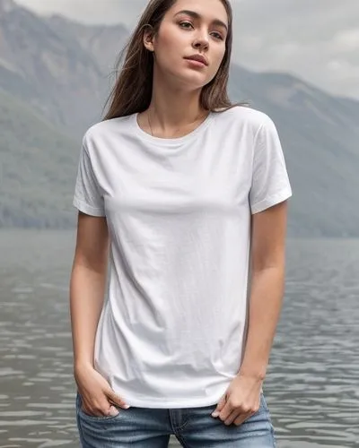 keep an all-white t-shirt and jeans, and a lake background,girl in t-shirt,long-sleeved t-shirt,girl on the river,cotton top,isolated t-shirt,tshirt,white shirt,girl on the boat,girl on a white backgr