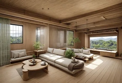 Living room with windows,japanese-style room,ryokan,wooden sauna,japanese architecture,tatami,bamboo curtain,wooden windows,wooden house,hanok,shirakawa-go,tea ceremony,wooden roof,modern room,japanes