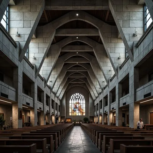 Rugged church fa\u00e7ade, brutalist architecture, raw concrete textures, fortress-like structures, dramatic cantilevered roofs, angular lines, minimalist ornamentation, industrial materials, steel be