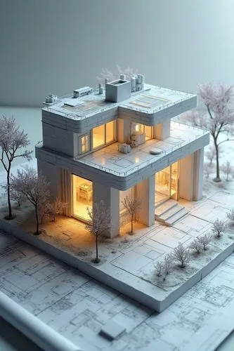 detailed architectural model of a legendary modern utilitarian Ultra-efficient solar-powered house. The model is rendered in a monochromatic, engineering style and is illuminated from within,


detail